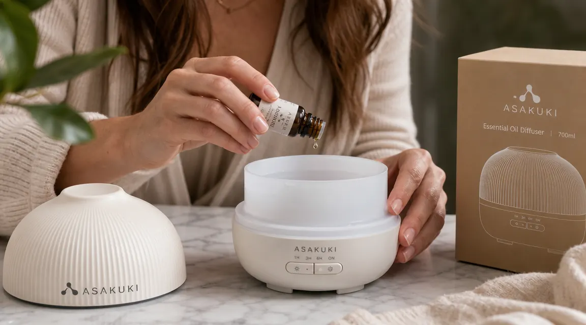 Hands adding drops of essential oil into an ASAKUKI diffuser water tank on a bathroom countertop