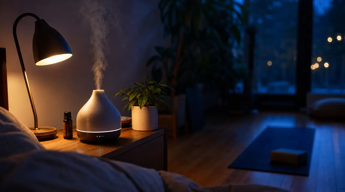 Mist rising from a diffuser in a softly lit bedroom with a yoga mat rolled out in the background