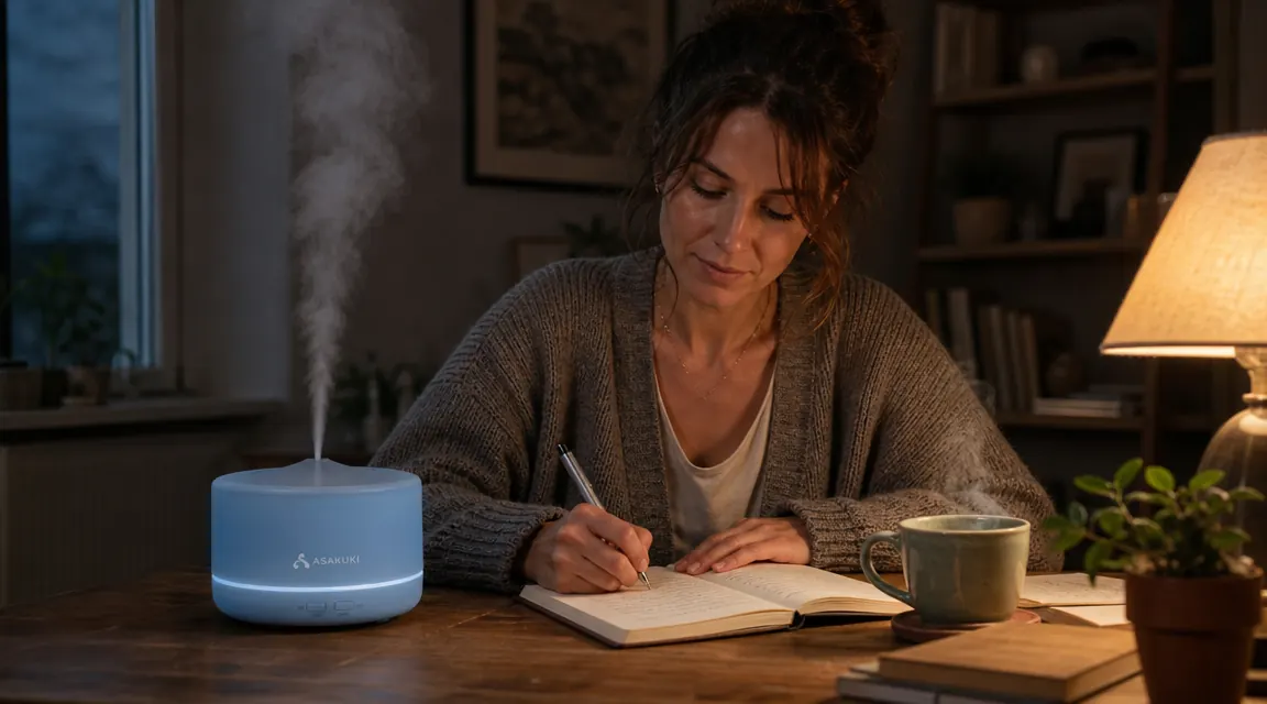 ASAKUKI diffuser displaying a soft blue LED glow on a desk beside a journal and a cup of herbal tea