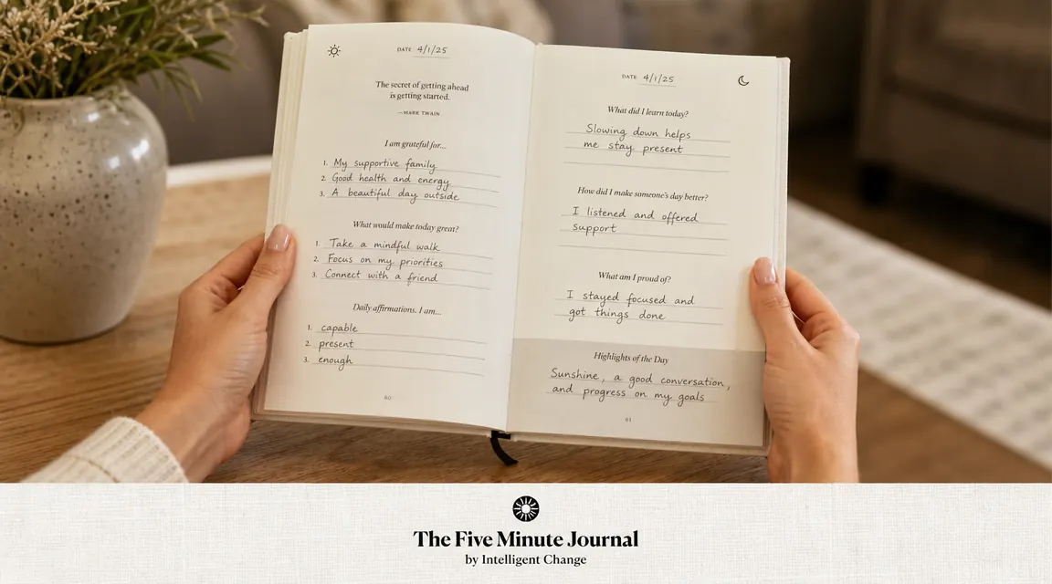 Hands holding the Five Minute Journal open to a morning gratitude prompt page