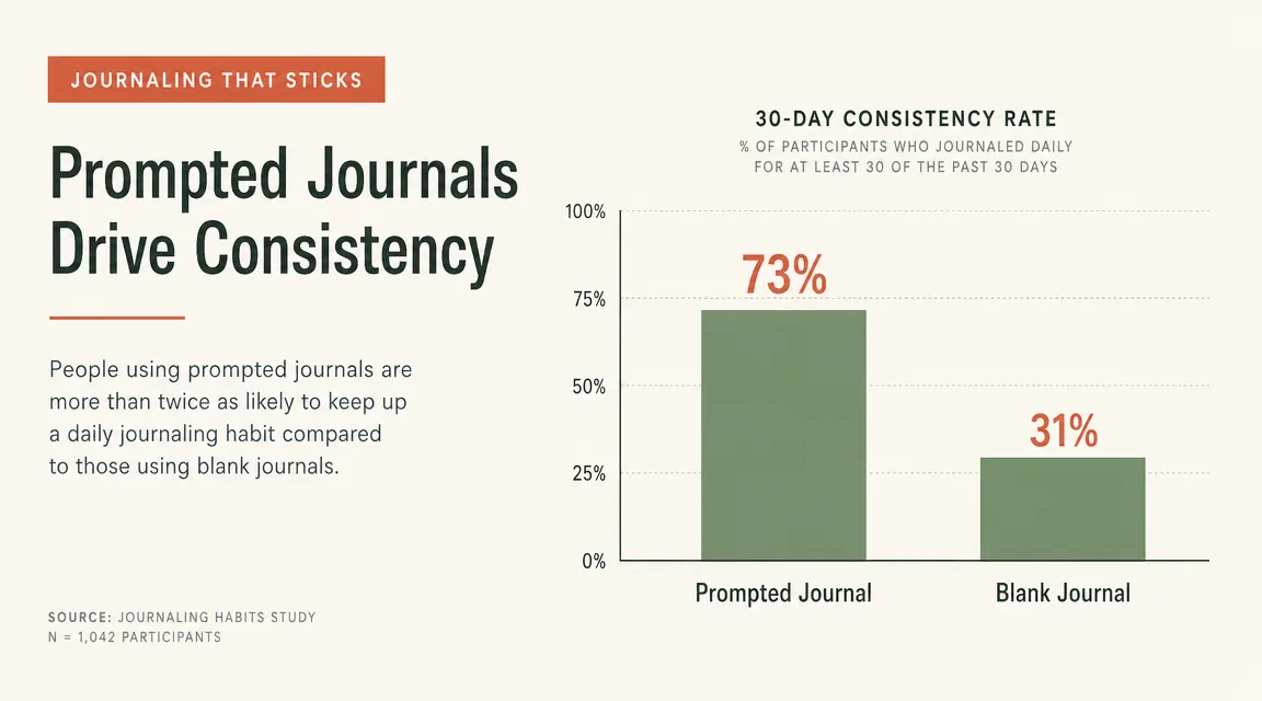 Chart showing consistency rate of gratitude journaling versus unguided free journaling over 30 days