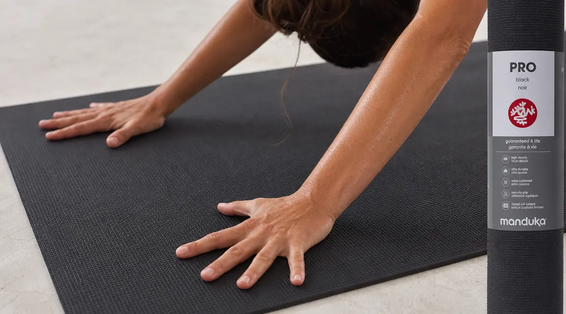 Hands pressing firmly into a dark yoga mat surface during a downward dog pose, showing strong grip contact
