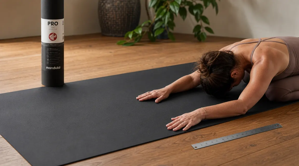 A yoga mat rolled out on a wood floor showing no wear after extended use, surface looking uniform and intact