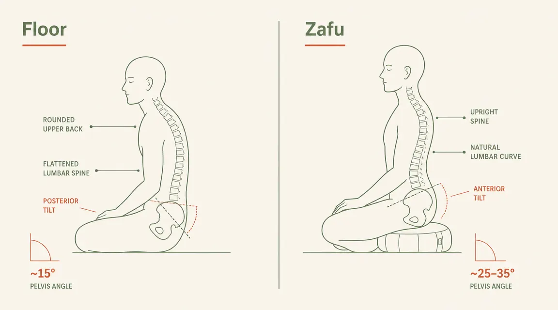 Diagram showing pelvic tilt angle difference between sitting on the floor and sitting on a raised zafu cushion