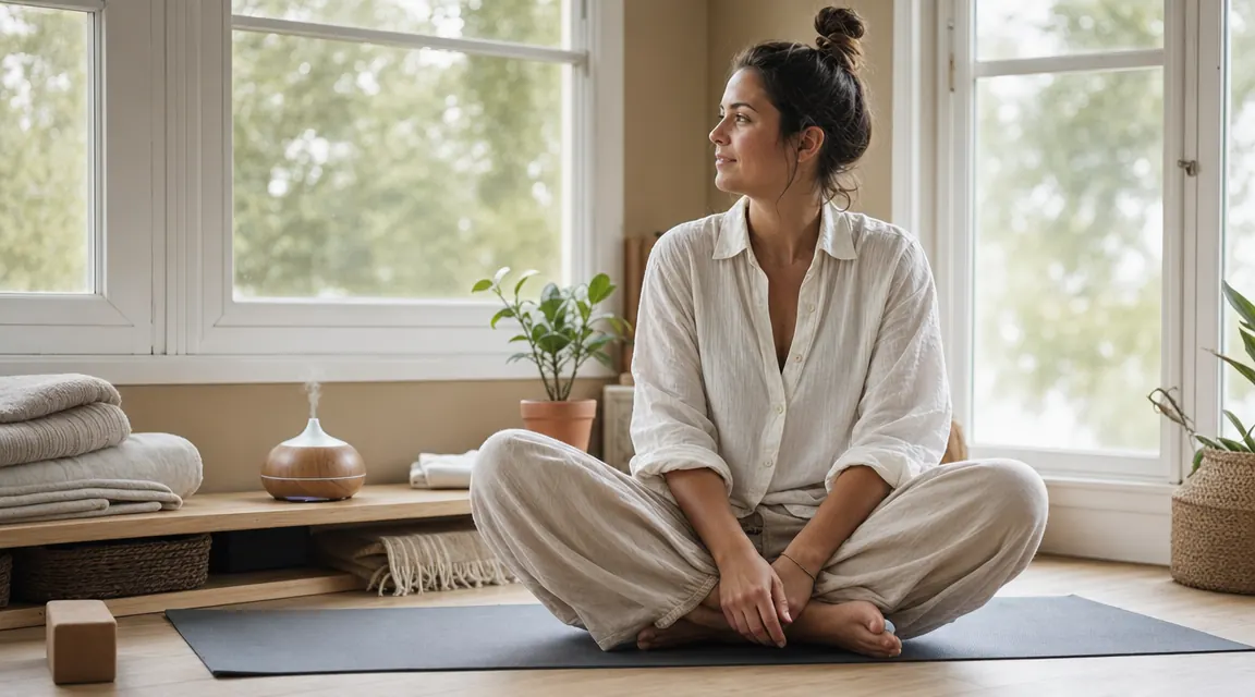 Woman in loose linen clothes sitting cross-legged on a yoga mat in a small home studio, diffuser visible on a low wooden shelf beside a folded blanket, soft afternoon light