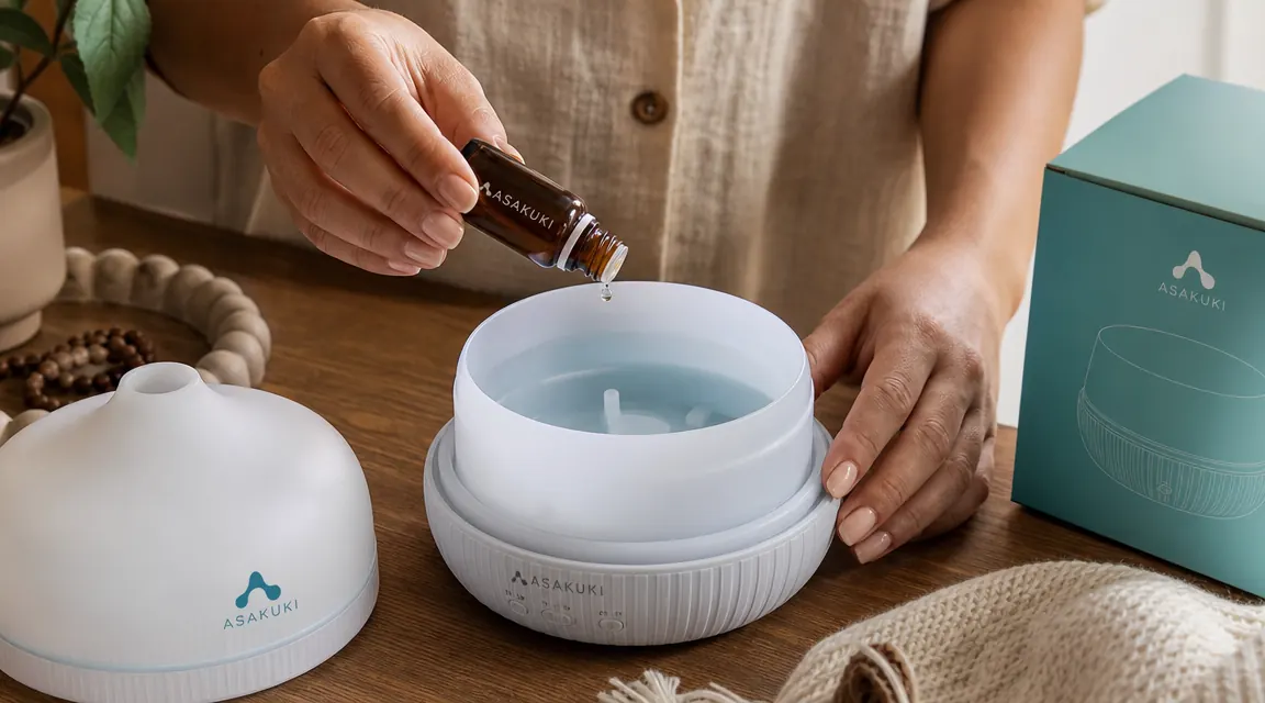 Hand adding drops of lavender essential oil into the ASAKUKI diffuser reservoir, top-down view