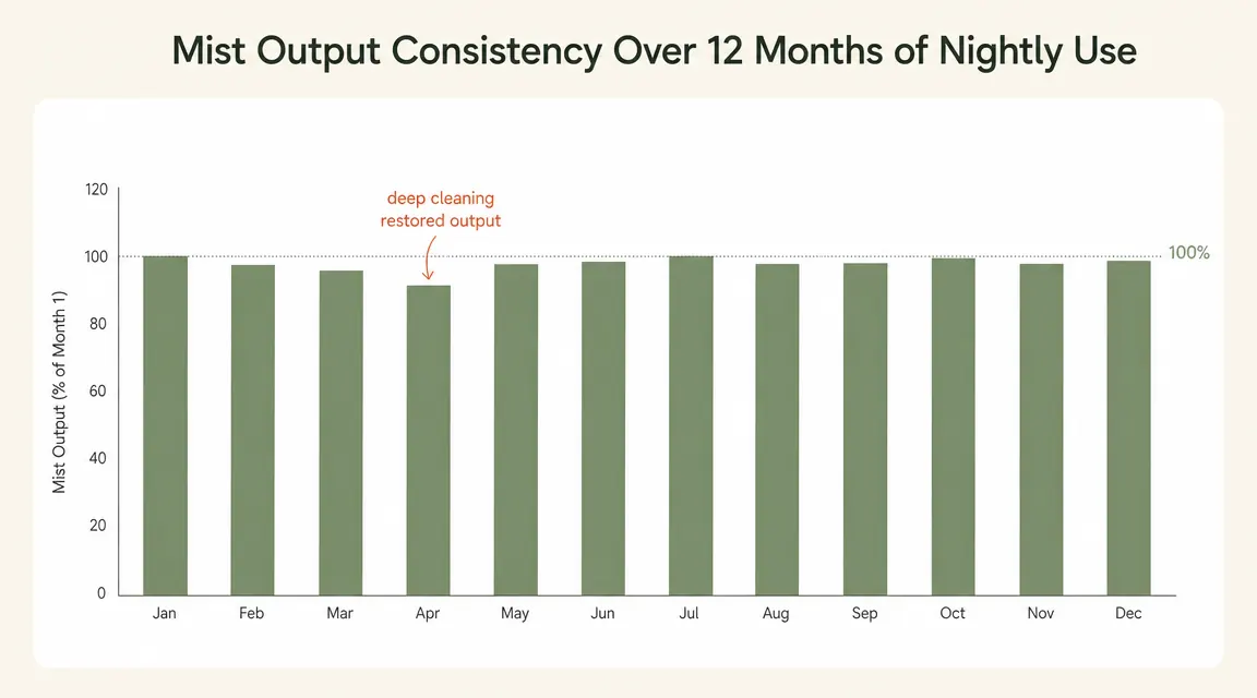 Bar chart comparing mist output over 12 months of nightly use, showing consistent output with a slight dip at month four
