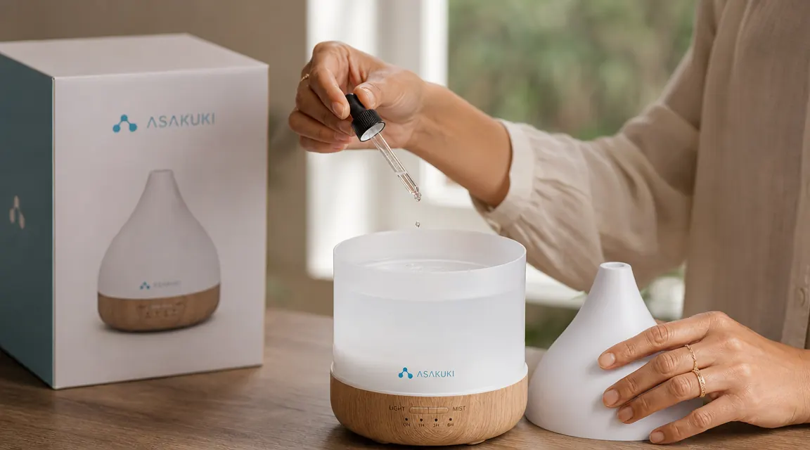 Hand pouring lavender essential oil drops into an open ASAKUKI diffuser water tank