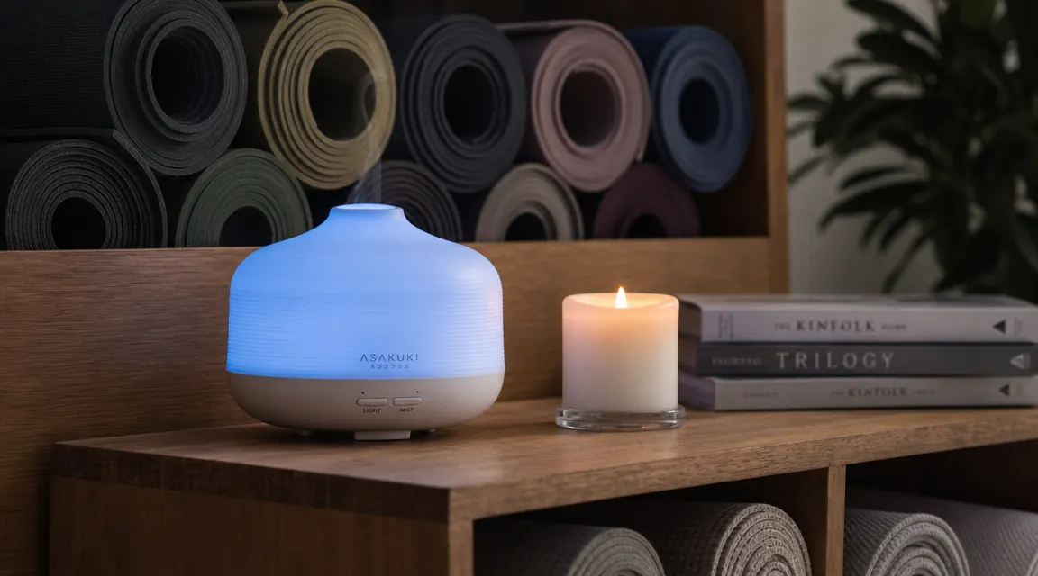 ASAKUKI diffuser glowing blue on a yoga studio shelf surrounded by rolled mats and a candle