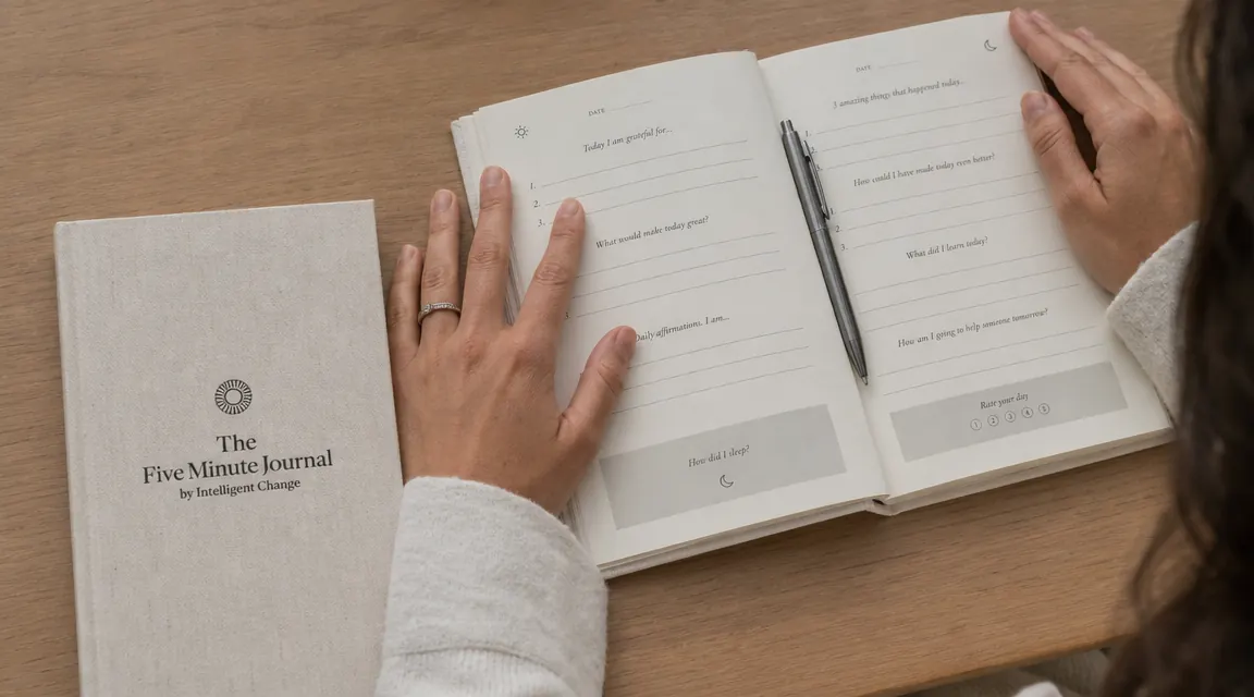 Close-up of a hand pressing open the Five Minute Journal to the morning prompts section, pen resting across the page