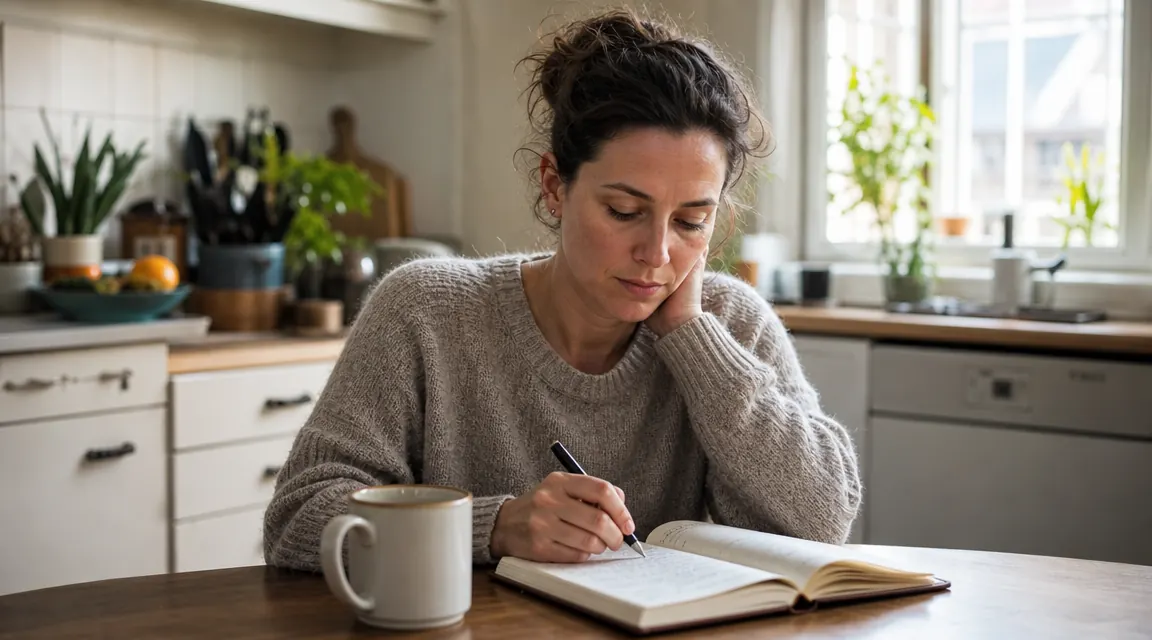 Person sitting at a small kitchen table with coffee and a journal, early morning, unhurried and ordinary