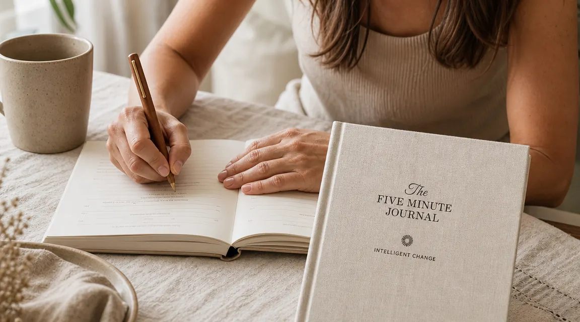 Hand writing in the Five Minute Journal morning prompts with a wooden pen on a linen-covered desk