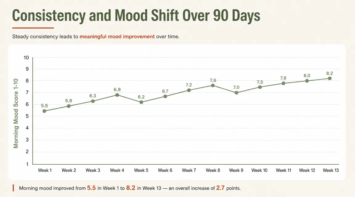 Chart showing mood and gratitude consistency score rising gradually over 90 days of journaling