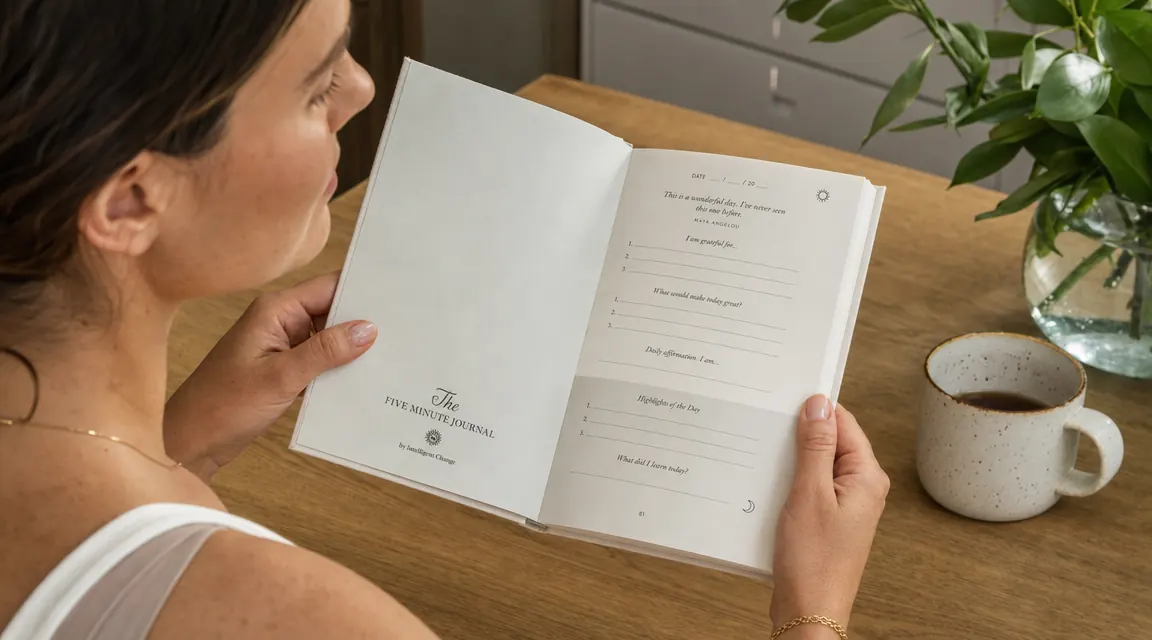 The Five Minute Journal open to a daily page showing morning prompts, held in two hands