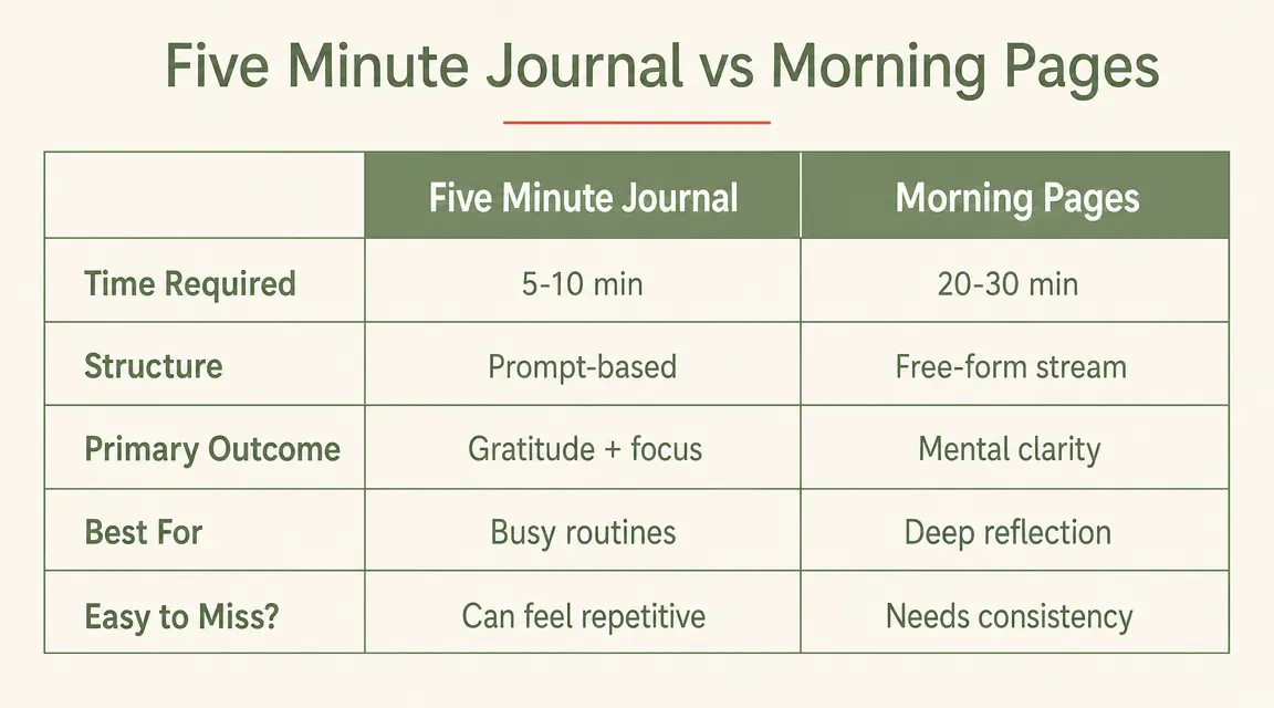 Side-by-side chart comparing Five Minute Journal and Morning Pages across time, structure, and outcome