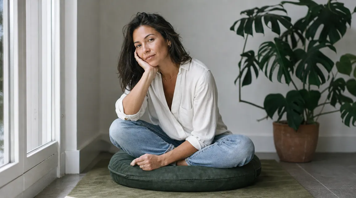 Woman sitting cross-legged in a meditative posture on the Hihealer cushion set near a window, hands resting on knees, relaxed and upright