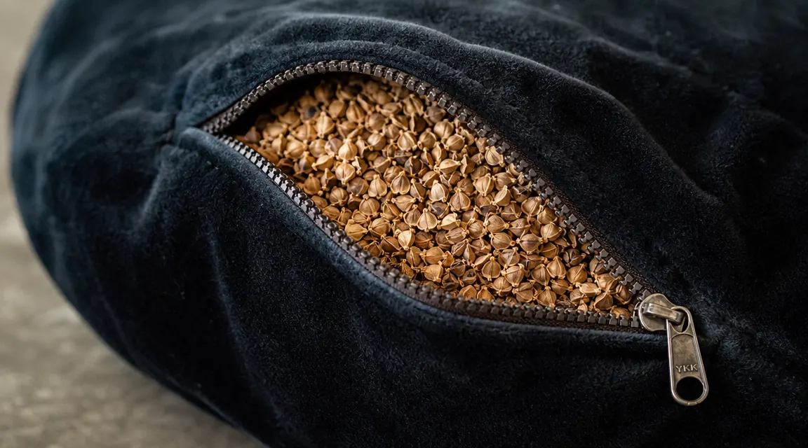 Close-up of buckwheat hulls spilling from a meditation cushion zipper showing the natural filling material