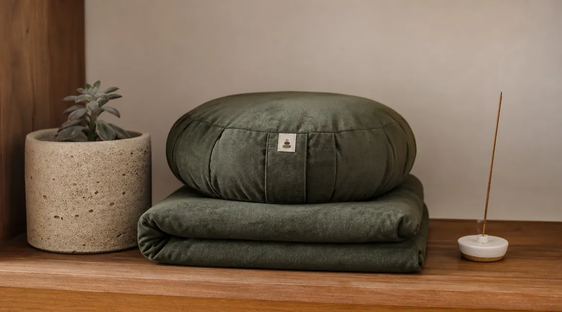 Hihealer meditation cushion and mat folded and stacked on a shelf beside a small plant and incense holder