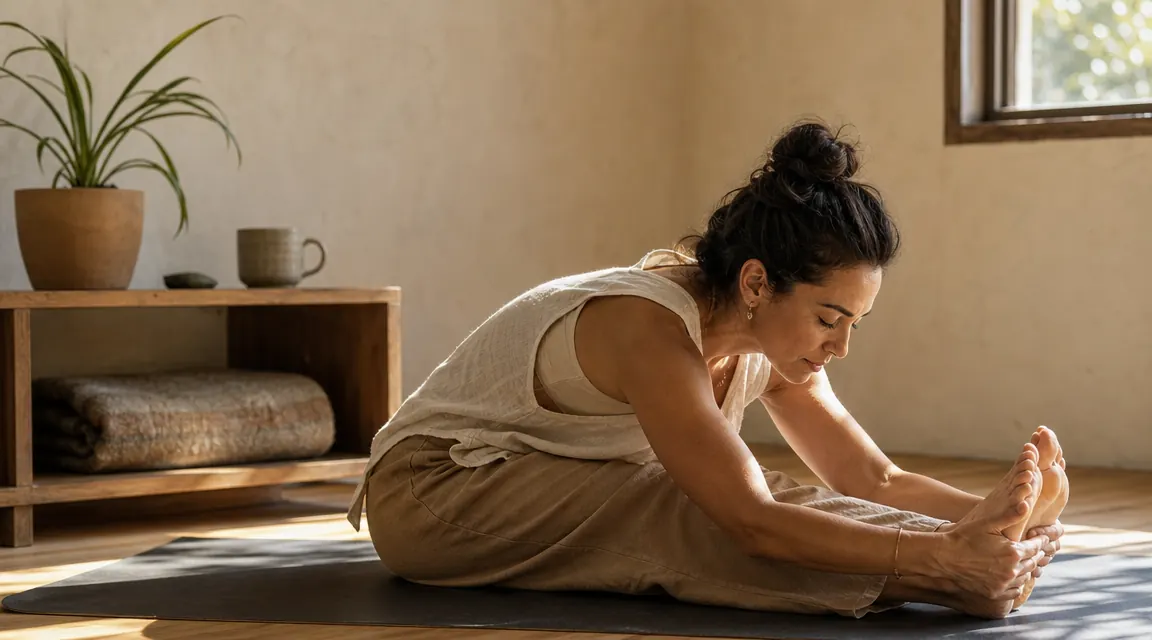 A woman in her mid-30s sitting in cross-legged seated pose on a sage green yoga mat in warm morning light by a window, eyes closed, hands resting on her knees