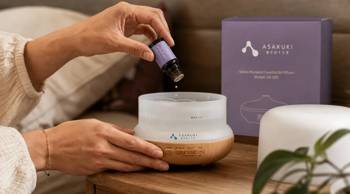 Hands adding drops of essential oil to a white 500ml diffuser on a nightstand