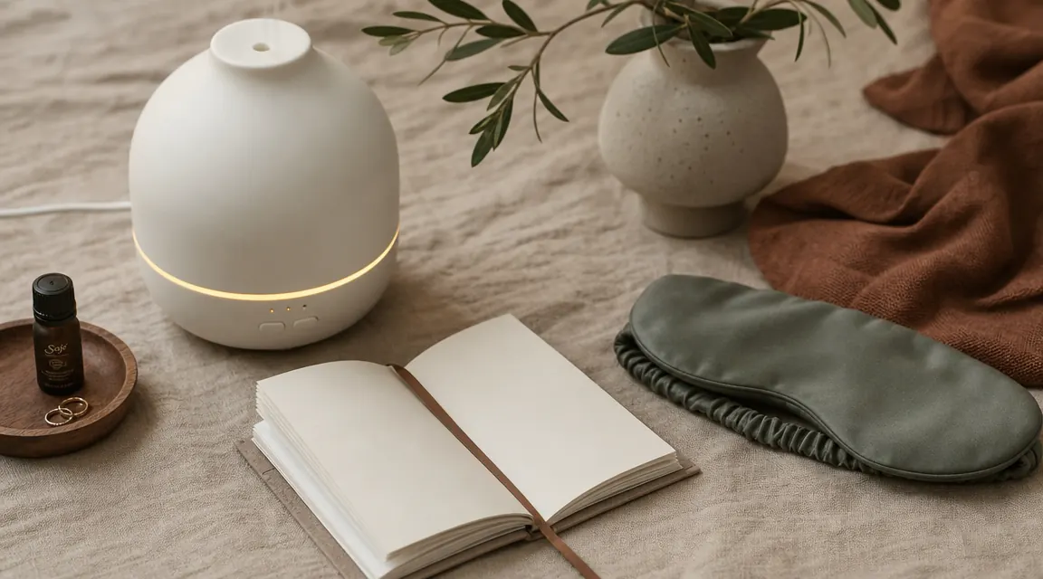 A bedside table with a glowing diffuser, a journal, and a silk sleep mask arranged as a nightly wind-down kit
