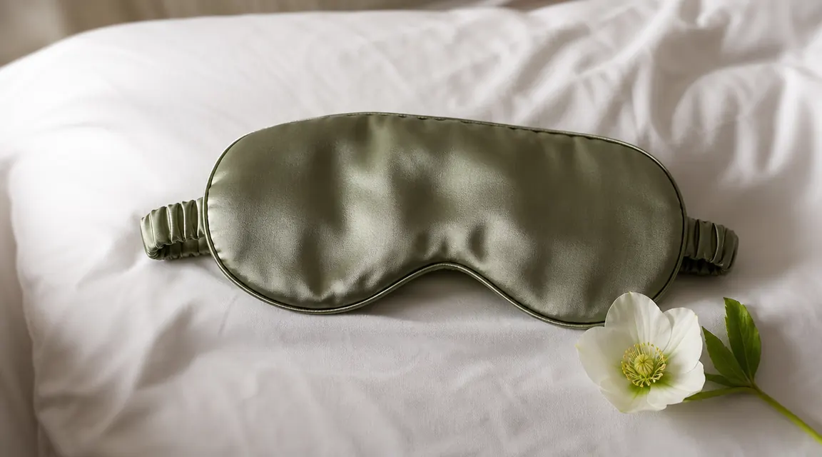 Silk sleep mask resting on a folded white pillow in early morning light, looking like a small ritual object