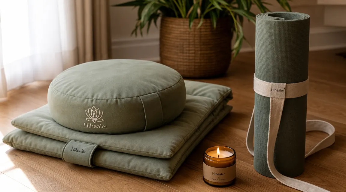Hihealer meditation cushion set on a wood floor beside a rolled yoga mat and a small candle