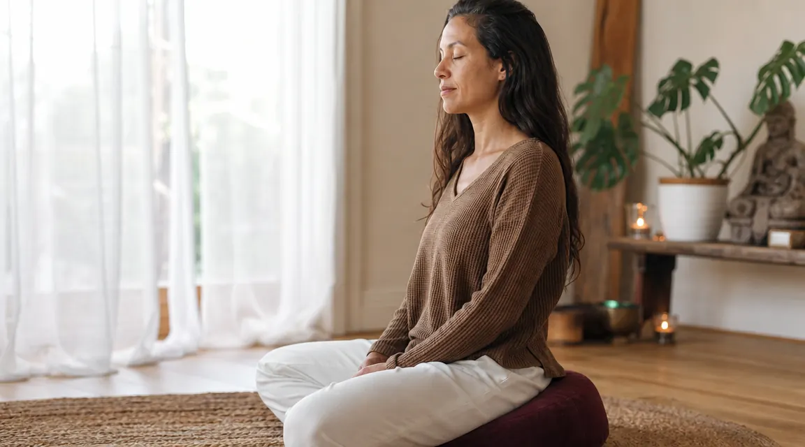 Woman sitting tall and relaxed on a zafu cushion in a meditation posture, spine naturally upright, serene expression