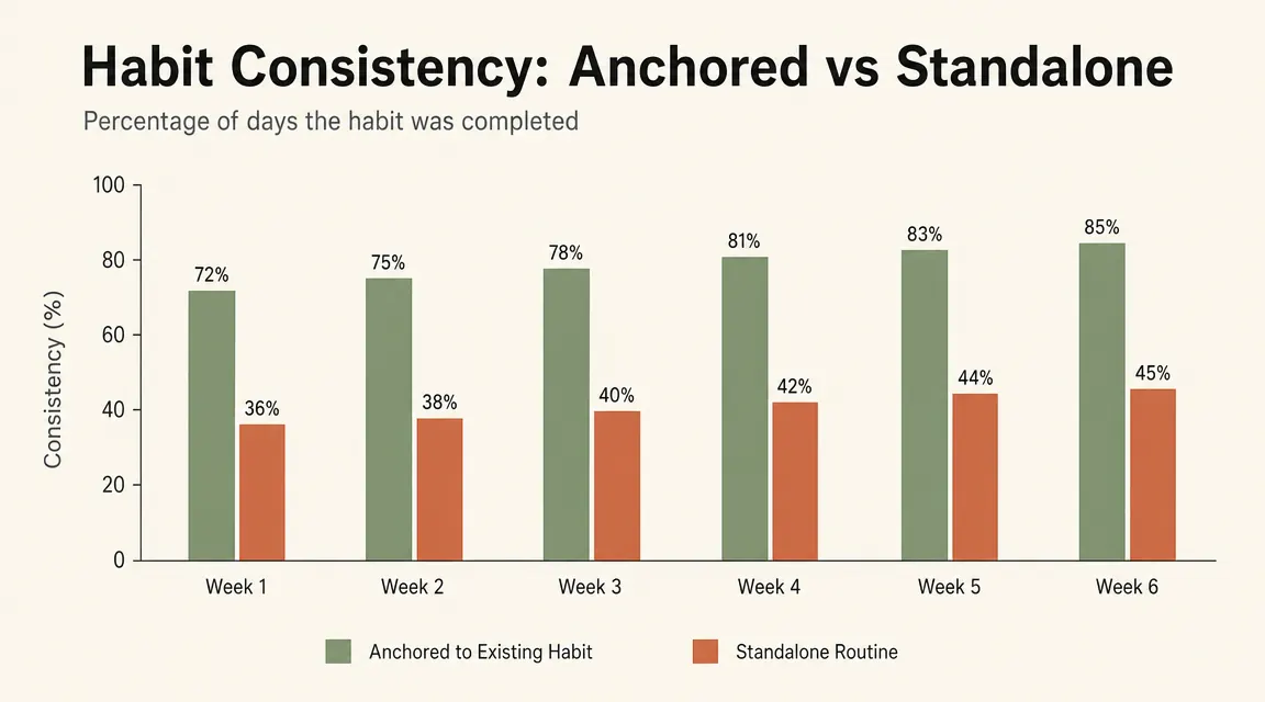 Chart showing habit consistency over six weeks when journaling is paired with an existing anchor habit versus standalone