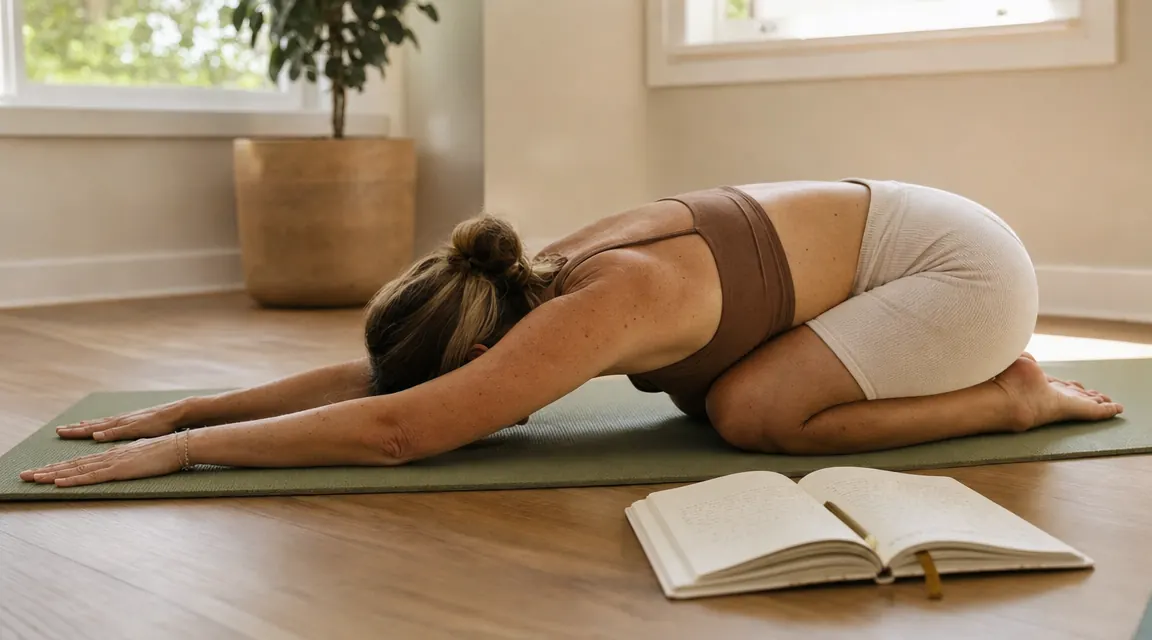 Woman on a yoga mat in child's pose, journal open beside her, dappled morning light