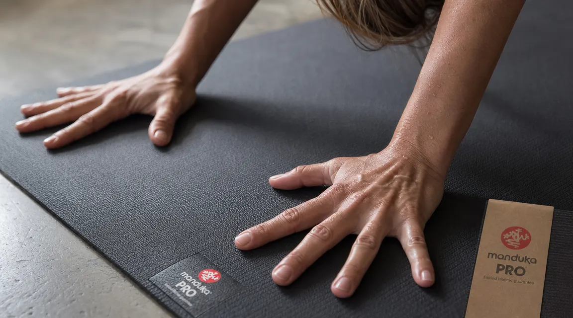 Close-up of hands pressing into the textured surface of a yoga mat during a downward-facing dog pose