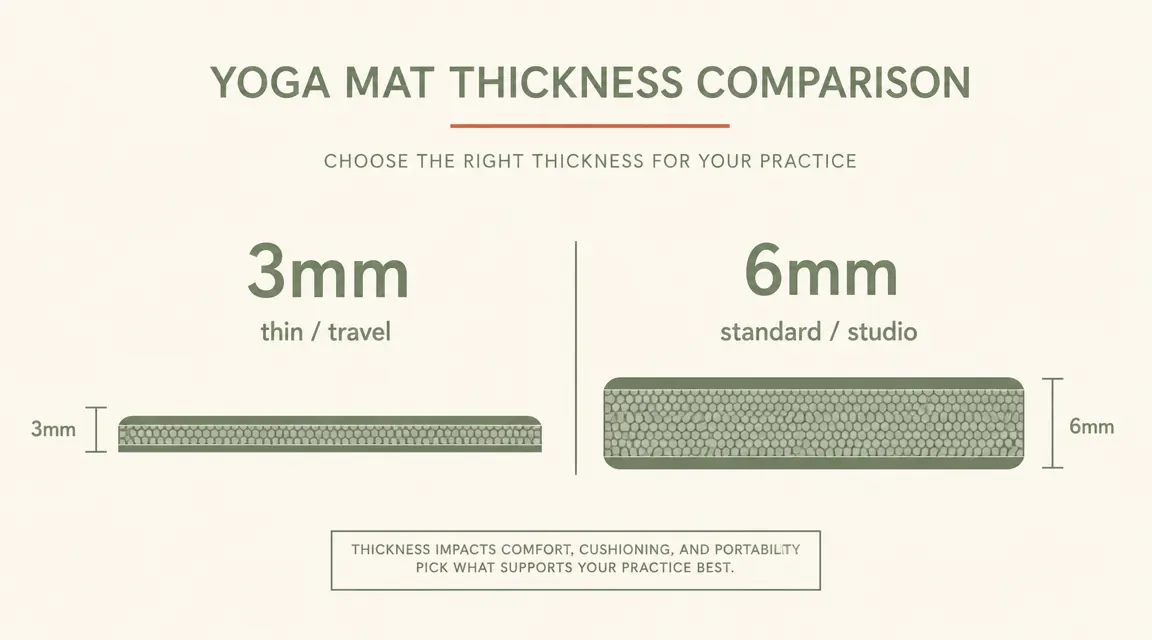 Side-by-side thickness comparison diagram showing 3mm travel mat versus 6mm premium mat with labeled measurements