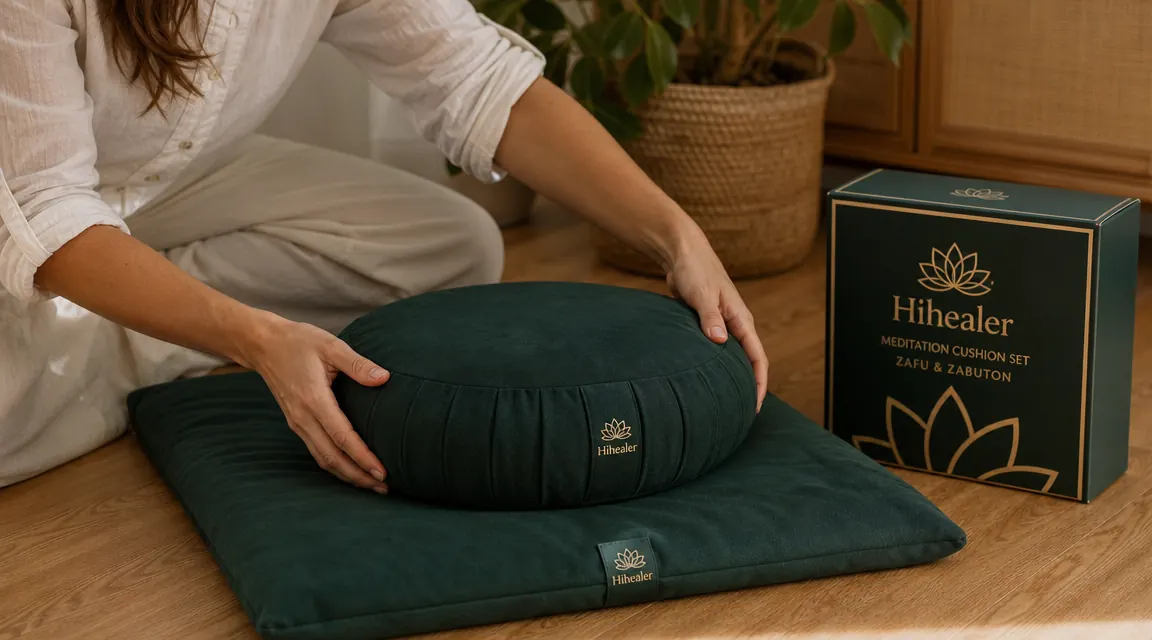 Close-up of a Hihealer meditation cushion set showing the velvet zafu and mat arranged on a hardwood floor