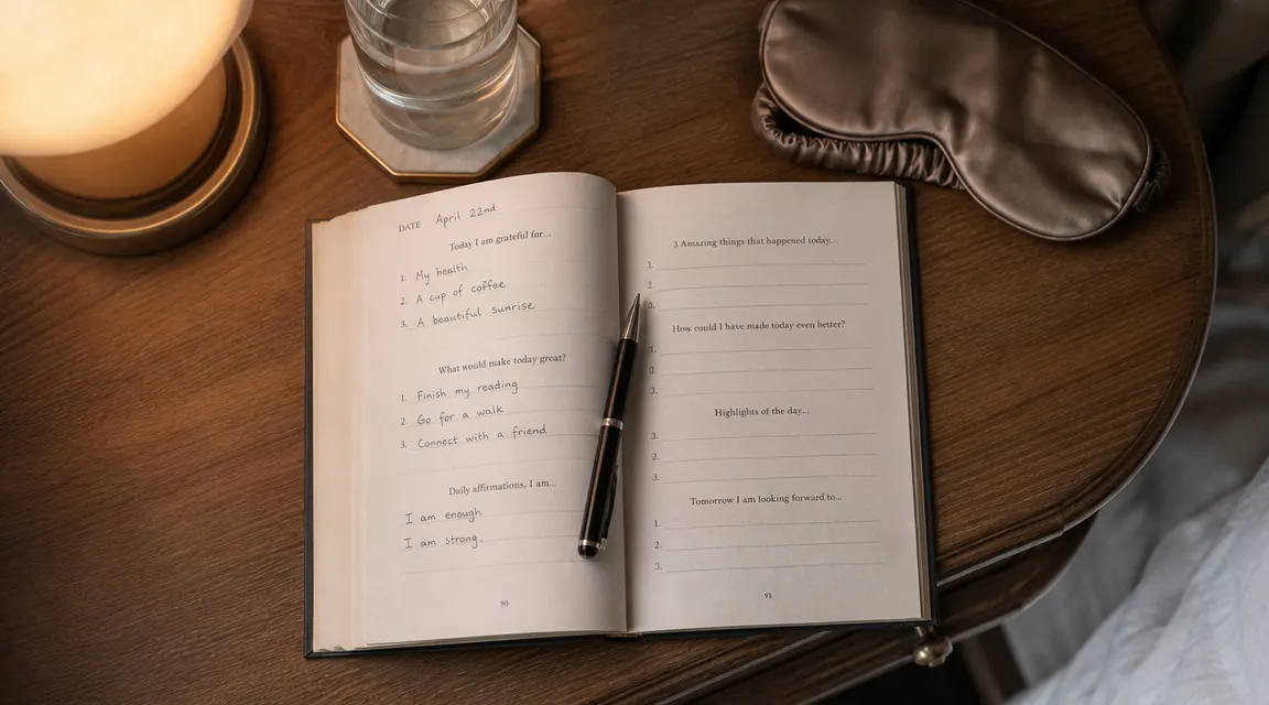 Open journal on a nightstand beside a glass of water and a silk eye mask, bedside lamp glowing softly