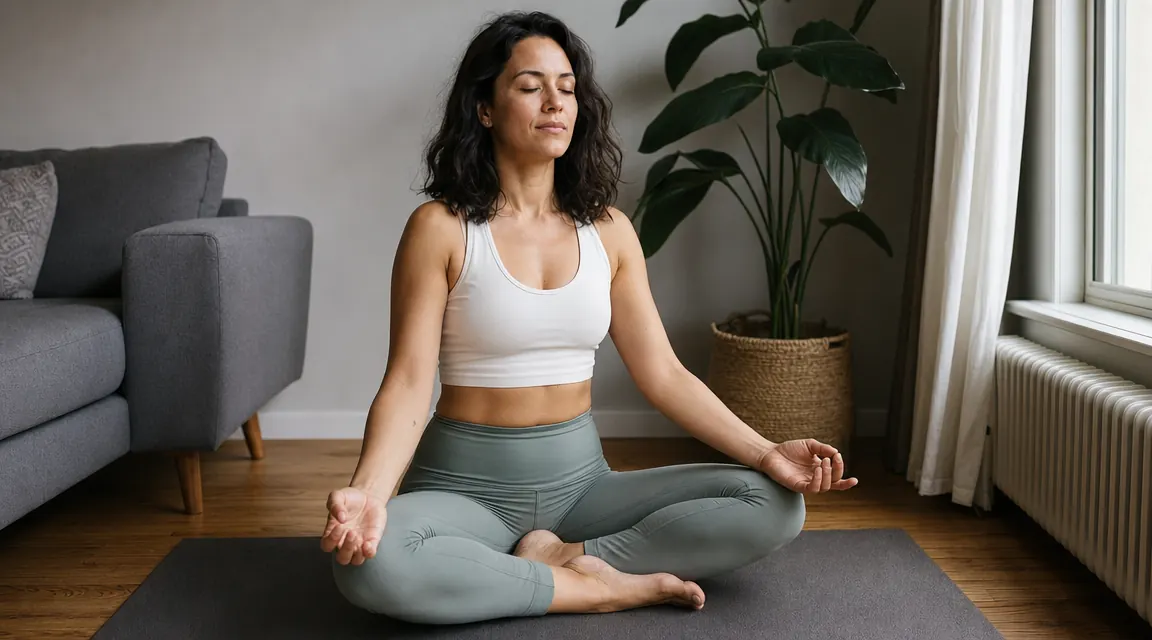 Woman sitting cross-legged on a yoga mat at home in a quiet morning corner with hands resting on knees