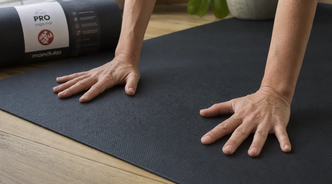Close-up of hands pressing into a dark yoga mat surface in Downward Dog, showing grip texture