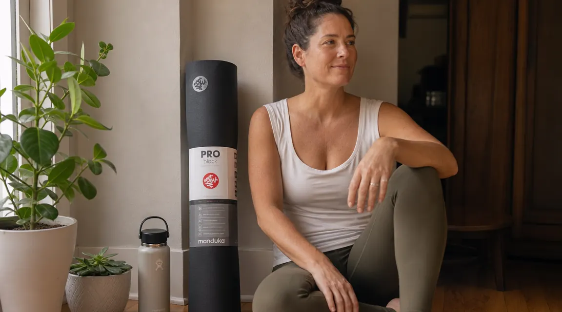 Rolled Manduka PRO yoga mat leaning against a white wall next to a water bottle and small potted plant