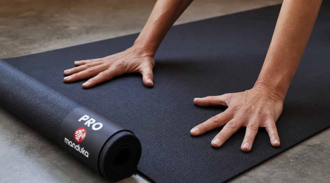 Hands pressing down on the surface of a Manduka PRO yoga mat showing the dense closed-cell foam texture