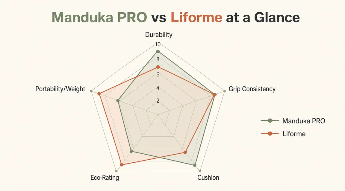 Chart comparing Manduka PRO vs Liforme across five categories: durability, grip, cushion, eco-rating, and weight, with Manduka winning three of five