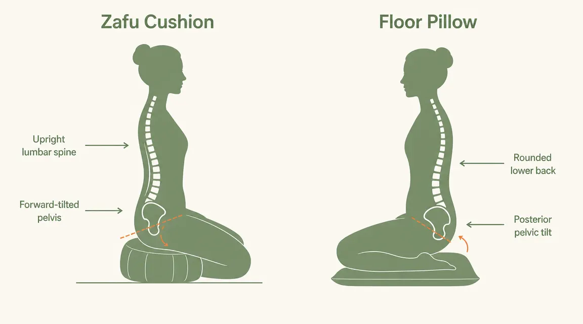 Side-by-side comparison chart showing pelvis tilt angle and spine alignment on a zafu cushion versus a flat floor pillow