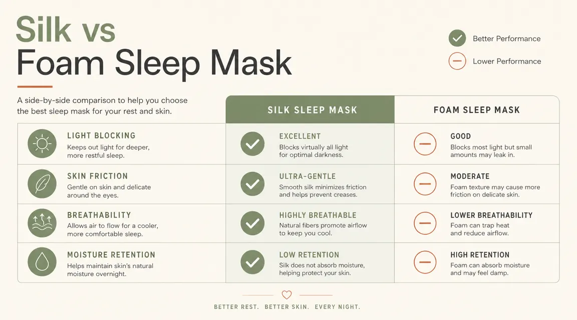 Chart comparing silk versus foam sleep mask properties: light blocking, skin friction, breathability, moisture retention