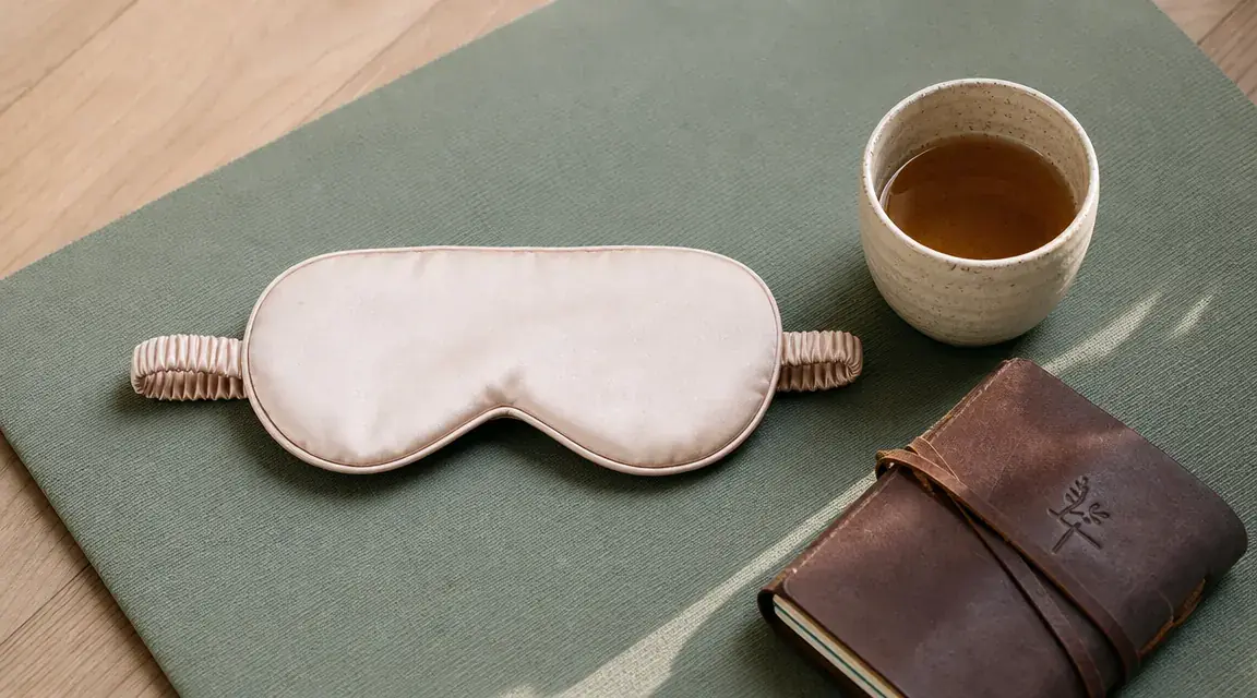 Silk sleep mask laid flat on a yoga mat beside a small journal and a cup of tea, morning ritual setting