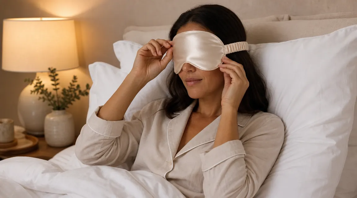 Close-up of a mulberry silk sleep mask showing the fine, matte luster of the fabric
