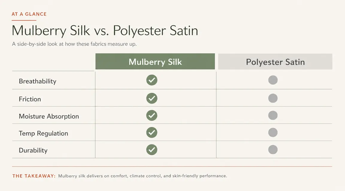 Chart comparing mulberry silk versus polyester satin across five key properties: breathability, friction coefficient, moisture absorption, temperature regulation, and durability